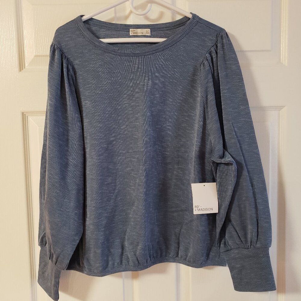 89th & Madison Blue Horizon Long Puff Sleeve Ribbed Shirt Size XL New with Tags
